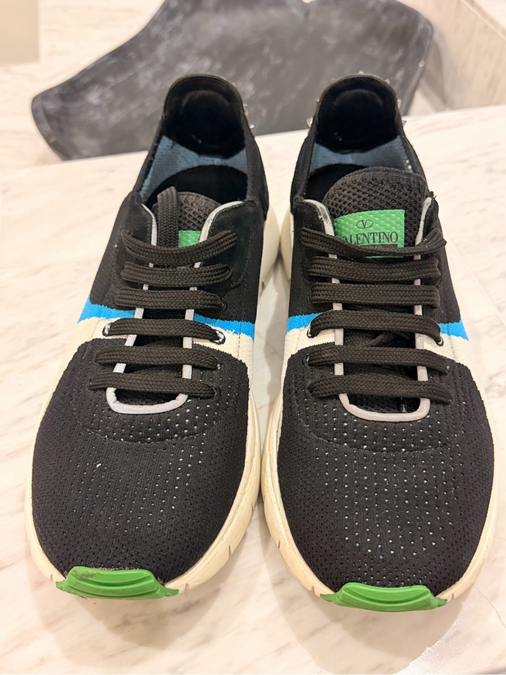 Valentino Men’s Black Knit Sneakers with Blue Stripe and Green Accents
